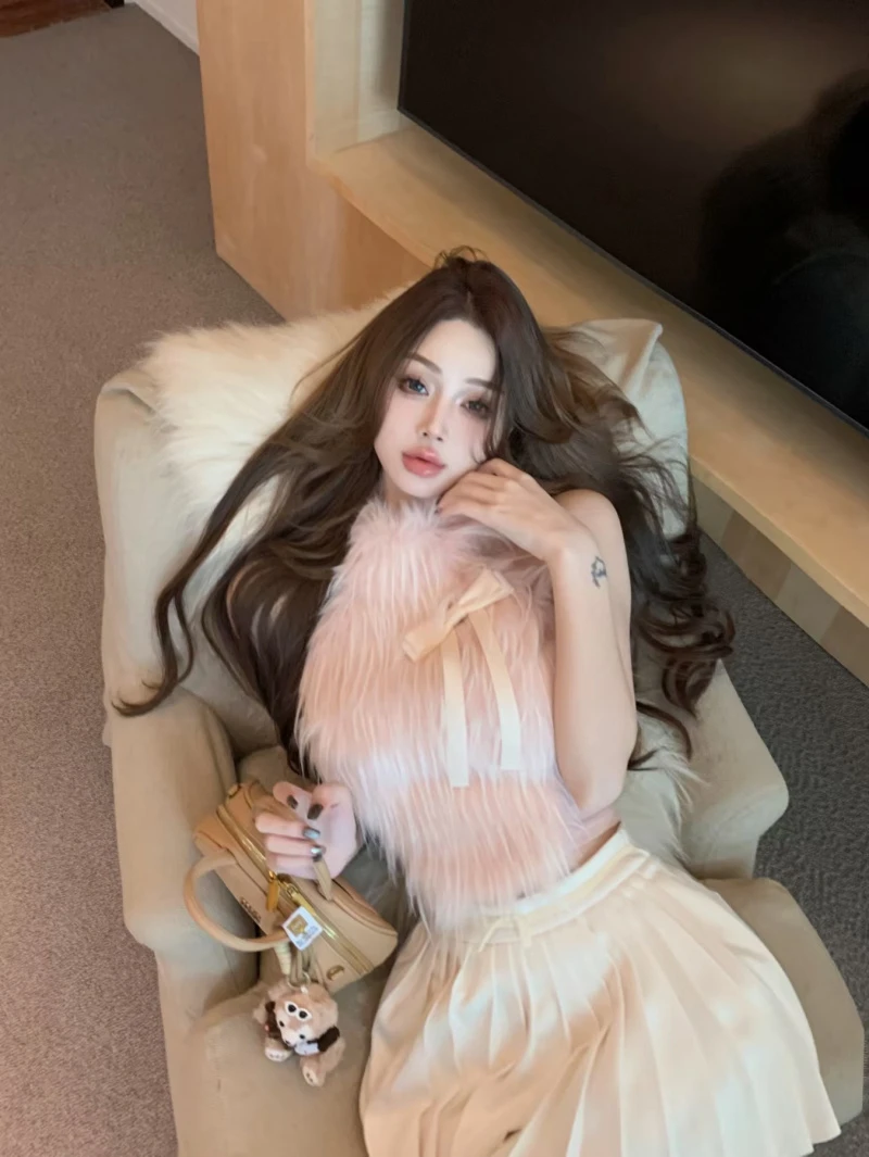 纯欲风辣妹性感蝴蝶结毛毛挂脖上衣名媛气质显瘦无袖短款背心上衣