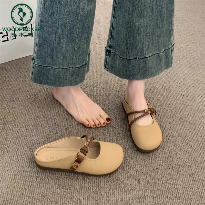 包头半拖鞋女夏季外穿2025新款超火平底一脚蹬懒人半托法式凉拖鞋