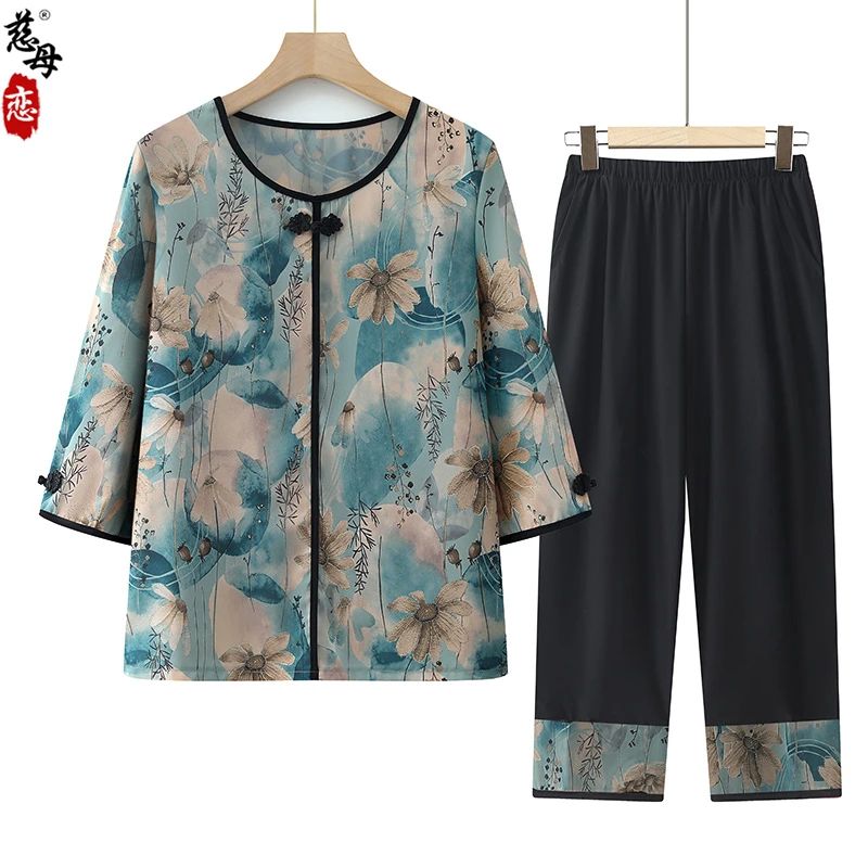 奶奶夏装套装女中老年人中袖T恤衫2025年夏季新款60-70岁老人衣服
