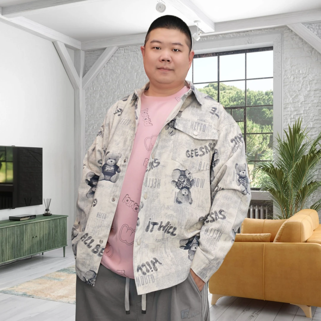 春秋新款男士宽松大码小熊印花牛仔外套免烫休闲上衣最大300斤穿