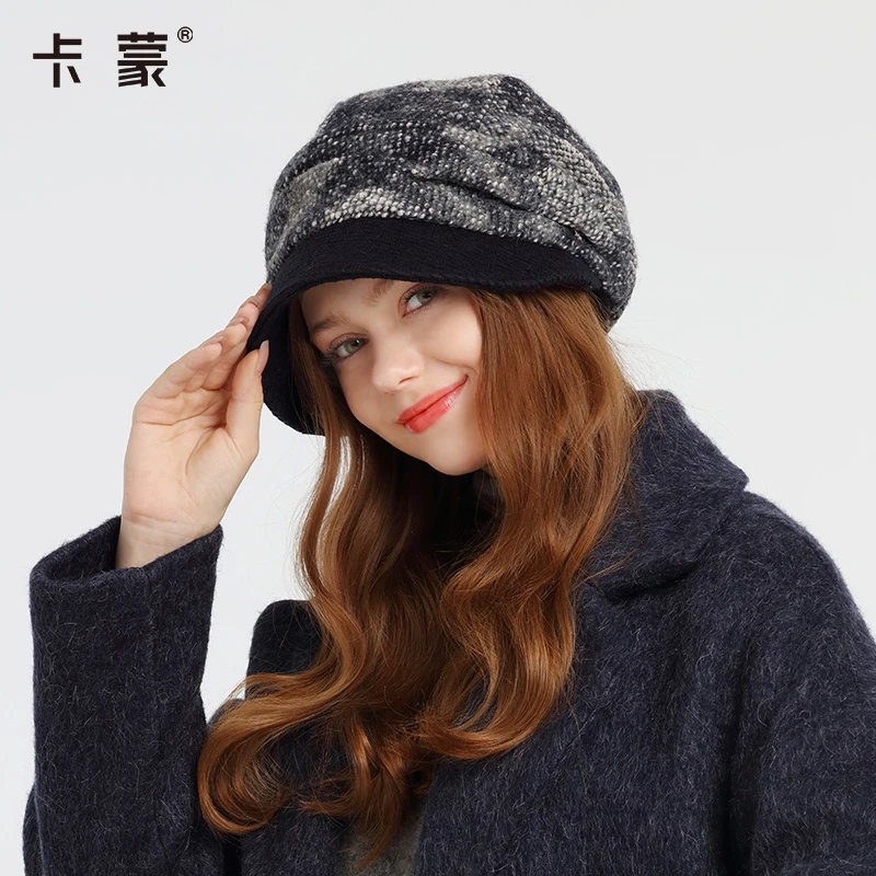 卡蒙 秋冬格子贝雷帽拼接毛呢帽子韩版时尚复古百搭堆堆帽 女款