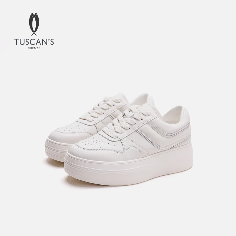 TUSCAN'S时尚百搭真皮厚底增高透气系带舒适女士小白鞋时代集团