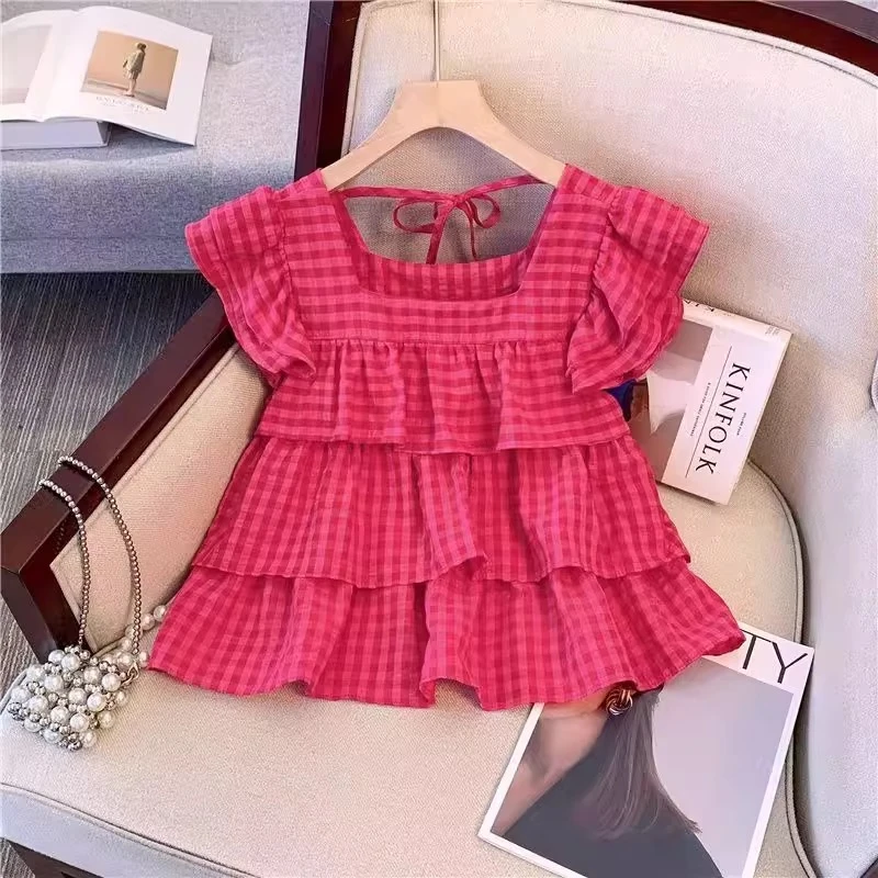 女童甜美衬衫2025夏季新款火龙果色格子方领背心衬衣荷叶边娃娃衫