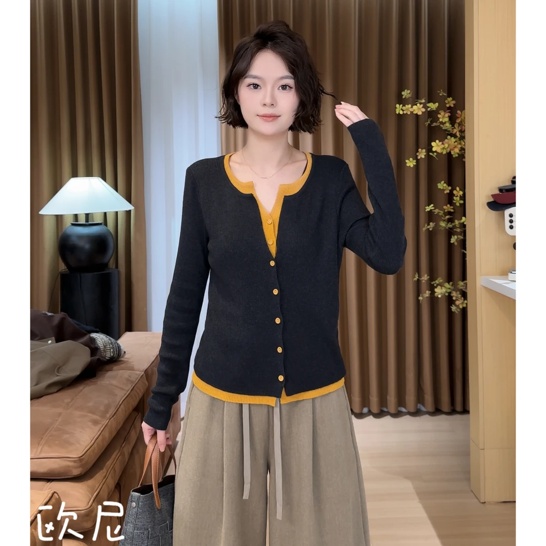 欧尼私服 2025早秋新款假两件长袖针织开衫休闲百搭上衣2509C5822