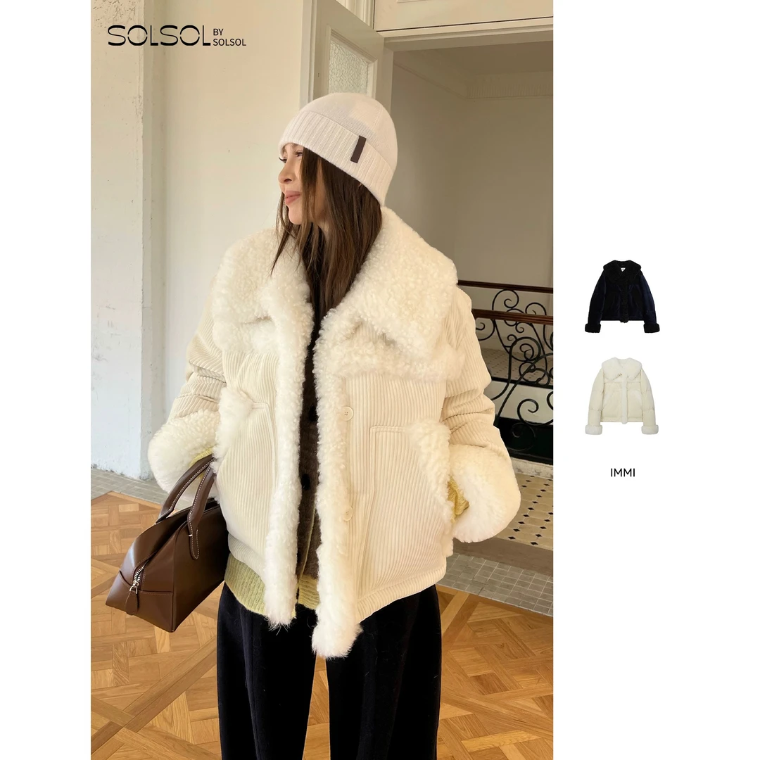 IMMI 设计师品牌 25秋冬 灯芯绒拼羊羔毛翻领短羽绒夹克
