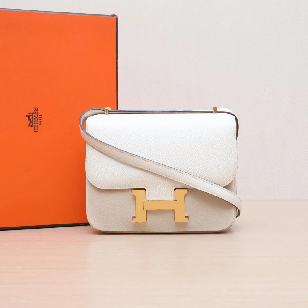 95新 Hermes/爱马仕 【双双】康康 19 U刻 I2奶油白 Epsom皮 金扣