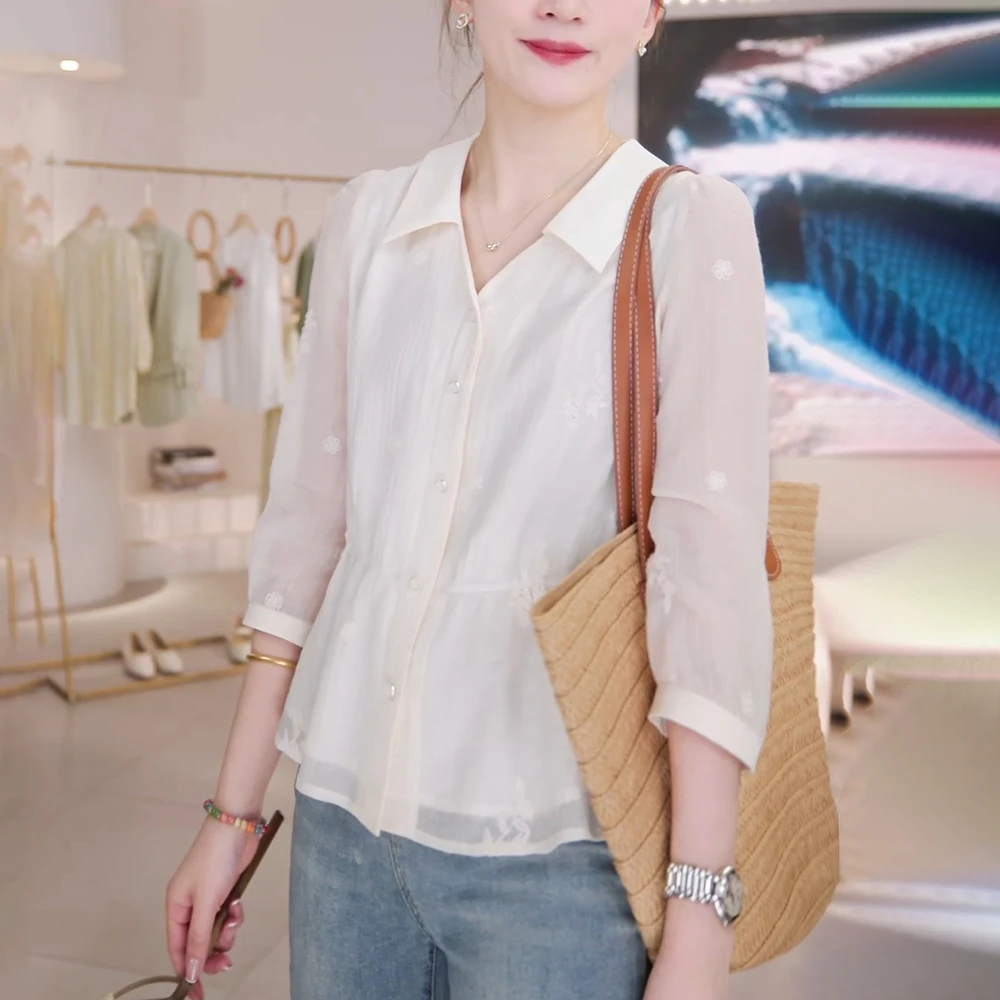 提花减龄雪纺衬衫女2025新款夏季大码宽松遮肚子收腰洋气小衫上衣