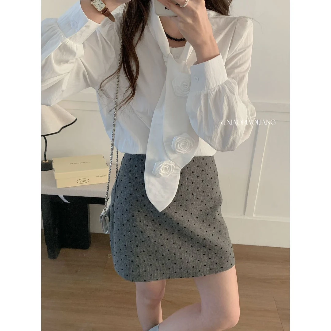 法式立体花朵小众百搭设计感长袖衬衫气质通勤衬衣7251#0.16 lg