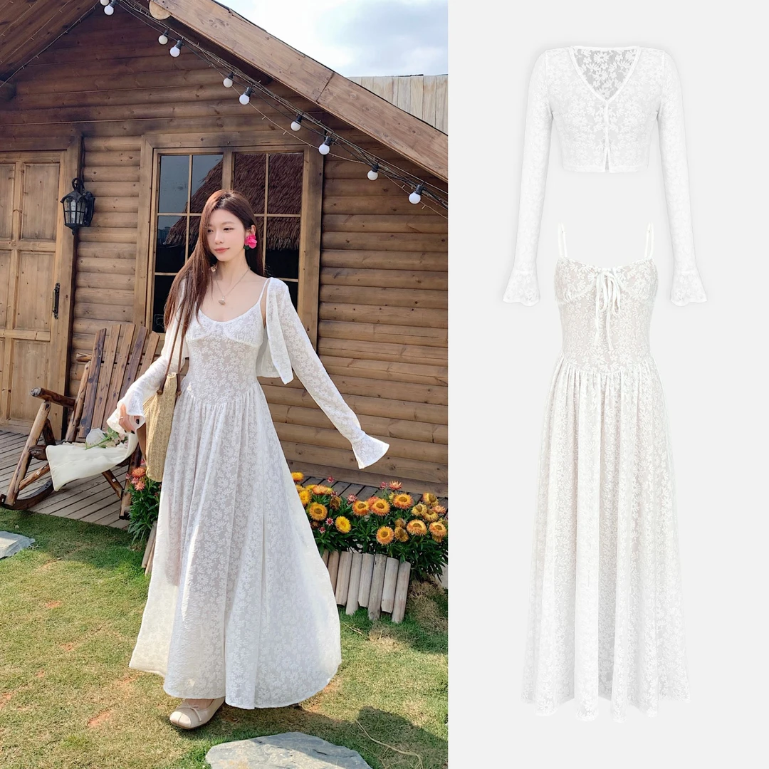 【月光与诗】 法式复古收腰欧若风吊带连衣裙+ 开衫C 8552#