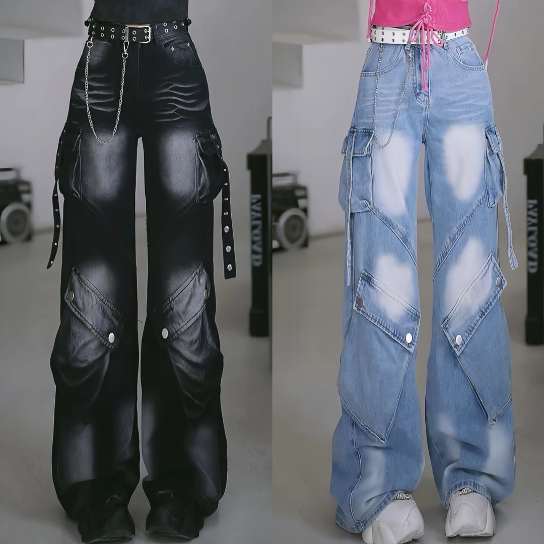 【笑姐定制】80169 小众春季新款做旧多口袋拼接阔腿百搭牛仔裤