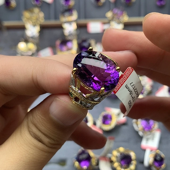水晶戒指银S925镀金镶嵌