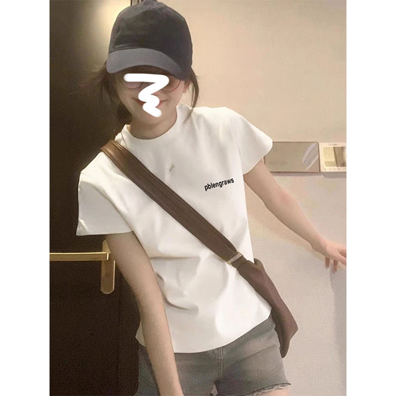 设计感小众正肩圆领短袖t恤女装2025新款时尚百搭白色上衣春夏季