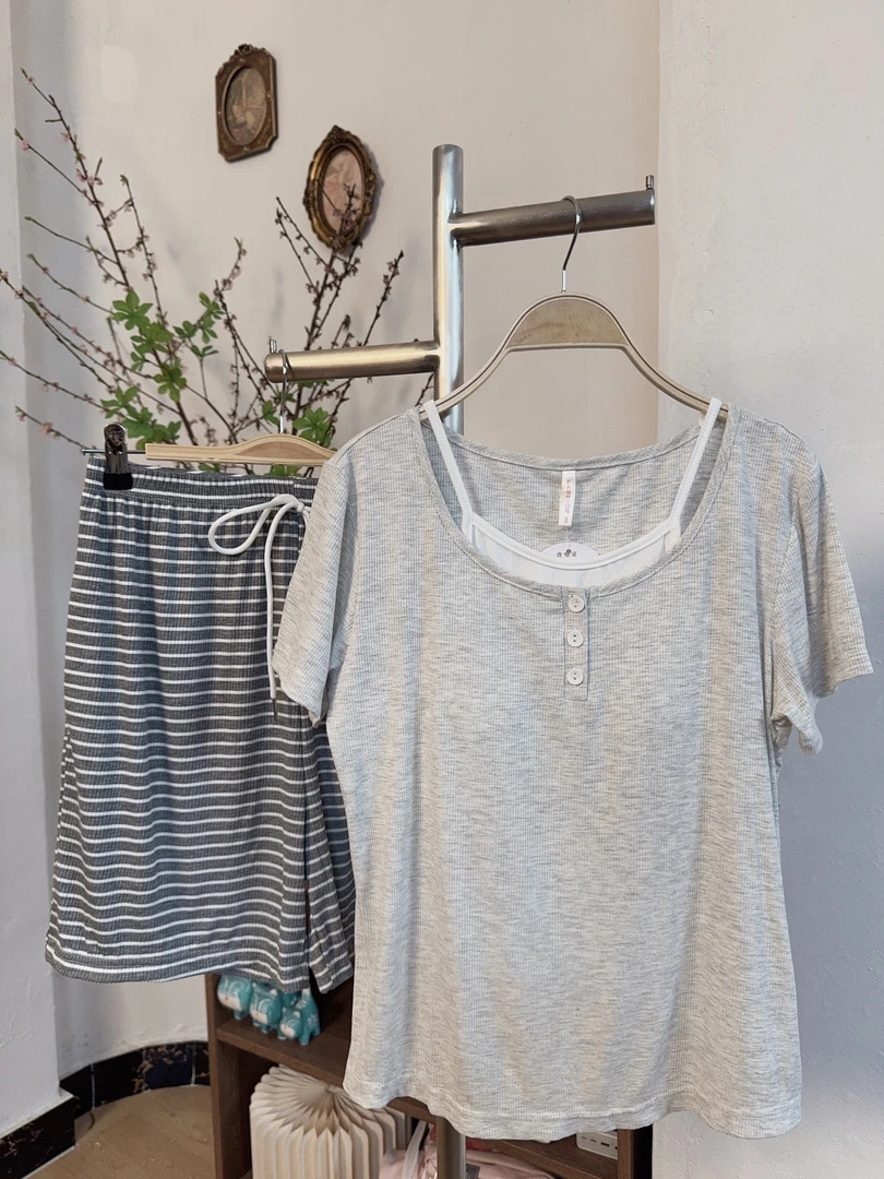 韩系短袖~新款可外穿时尚家居服套装浅灰色-H02