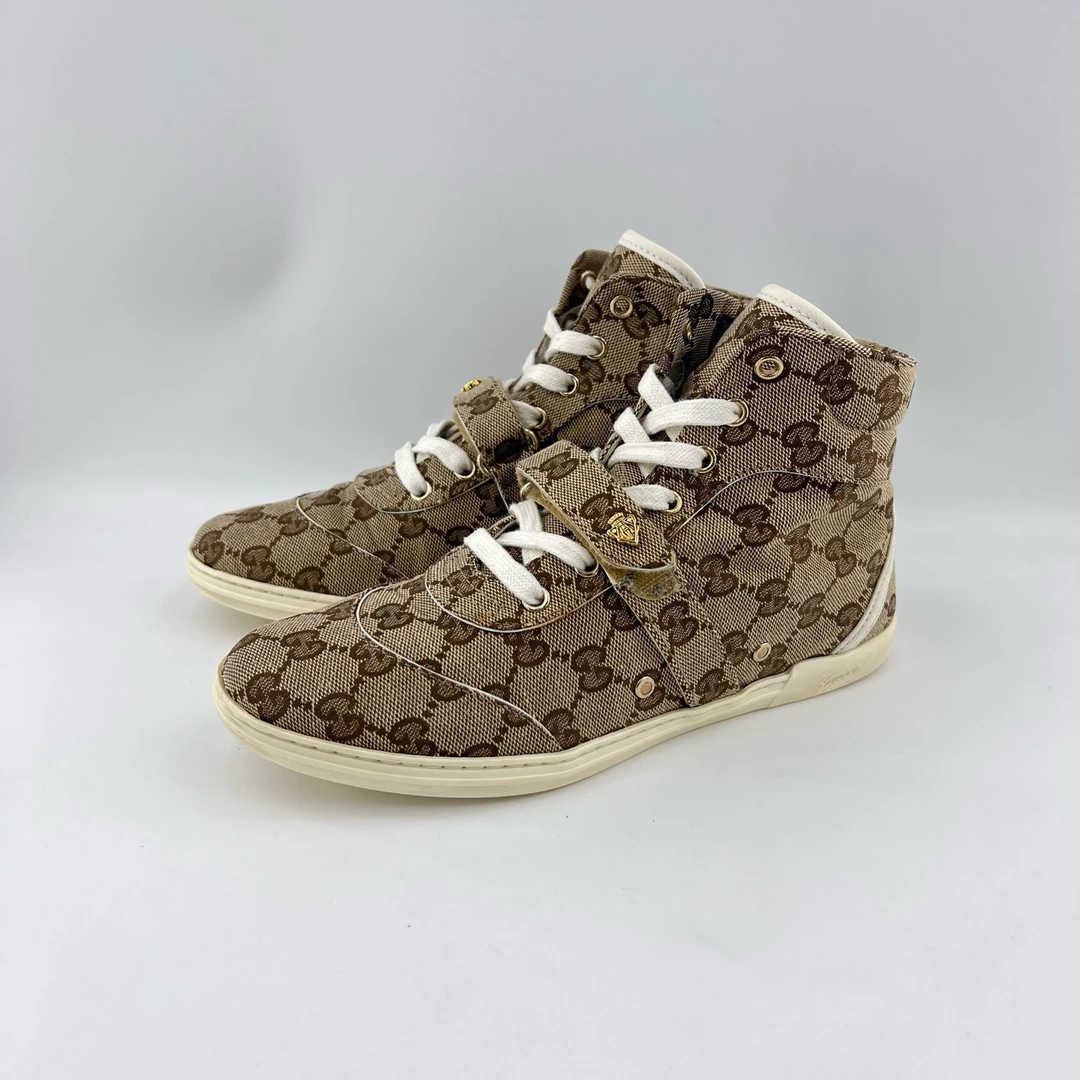 95新 GUCCI/古驰 37码/咖色老花满印系带高帮帆布鞋/12773889