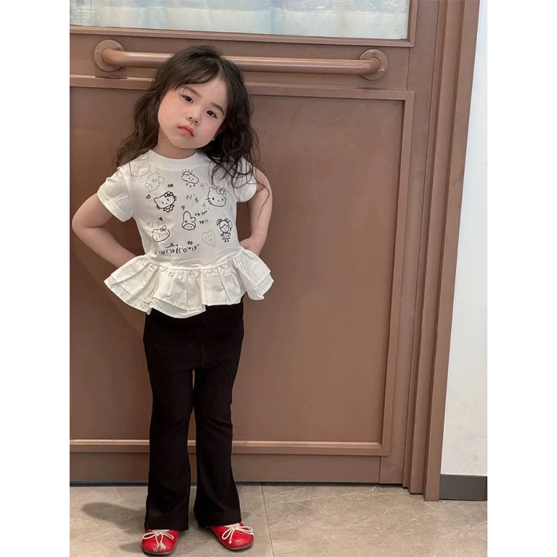 女童花边印花短袖T恤喇叭裤套装夏装韩版时髦儿童甜美半袖打底衫