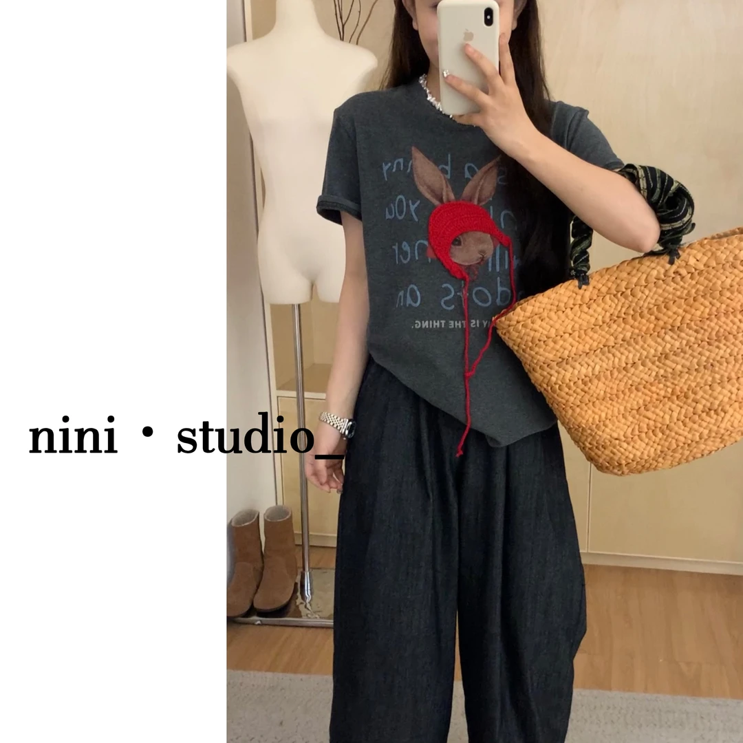 nini·帽子兔立体工艺韩系ins风重工短袖T恤
