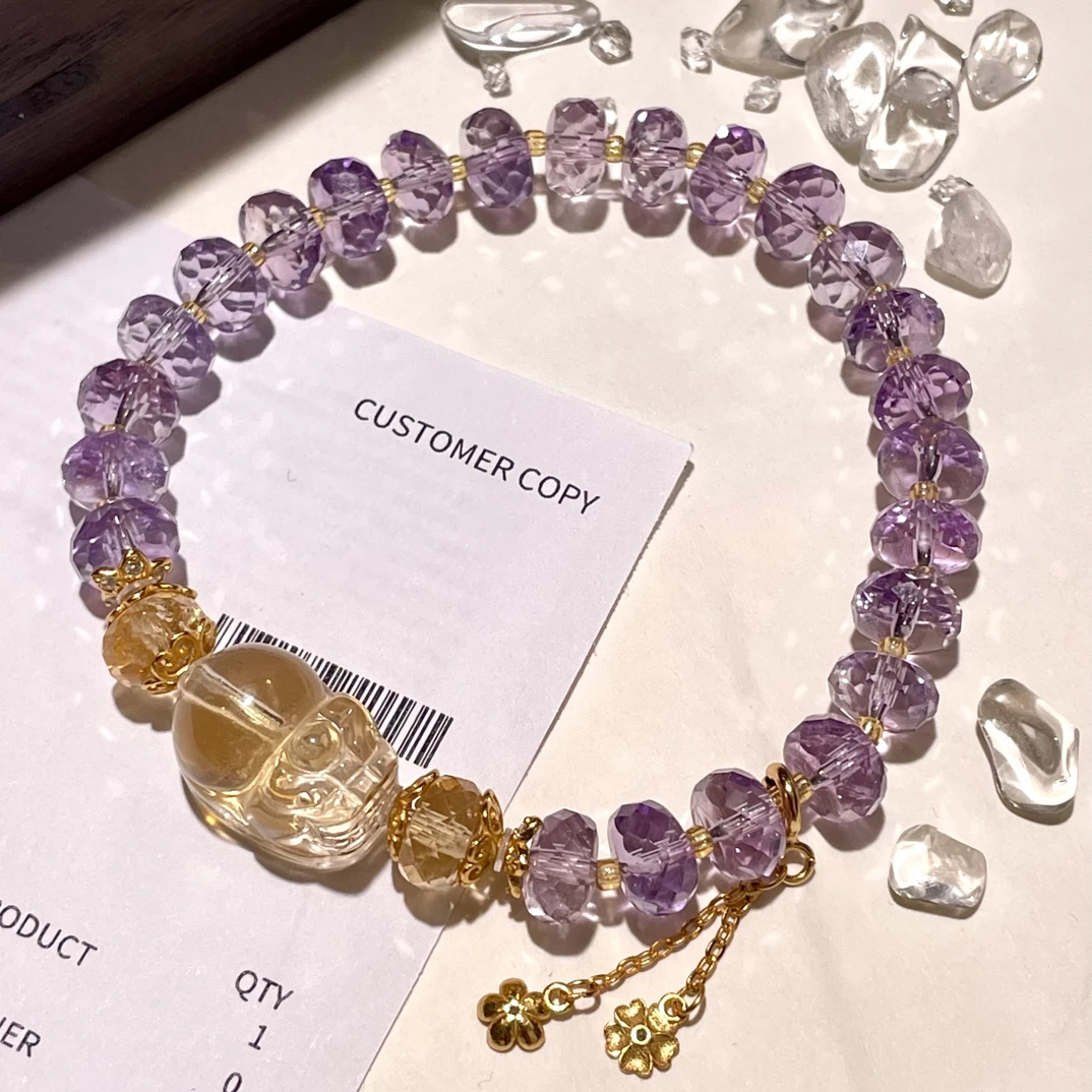 天然切面紫水晶手串轻奢小众款女士黄水晶貔貅手链