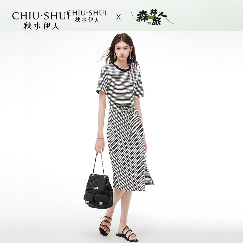 【陈大可】秋水伊人经典黑白条纹连衣裙2024年夏季新款女圆领收腰显