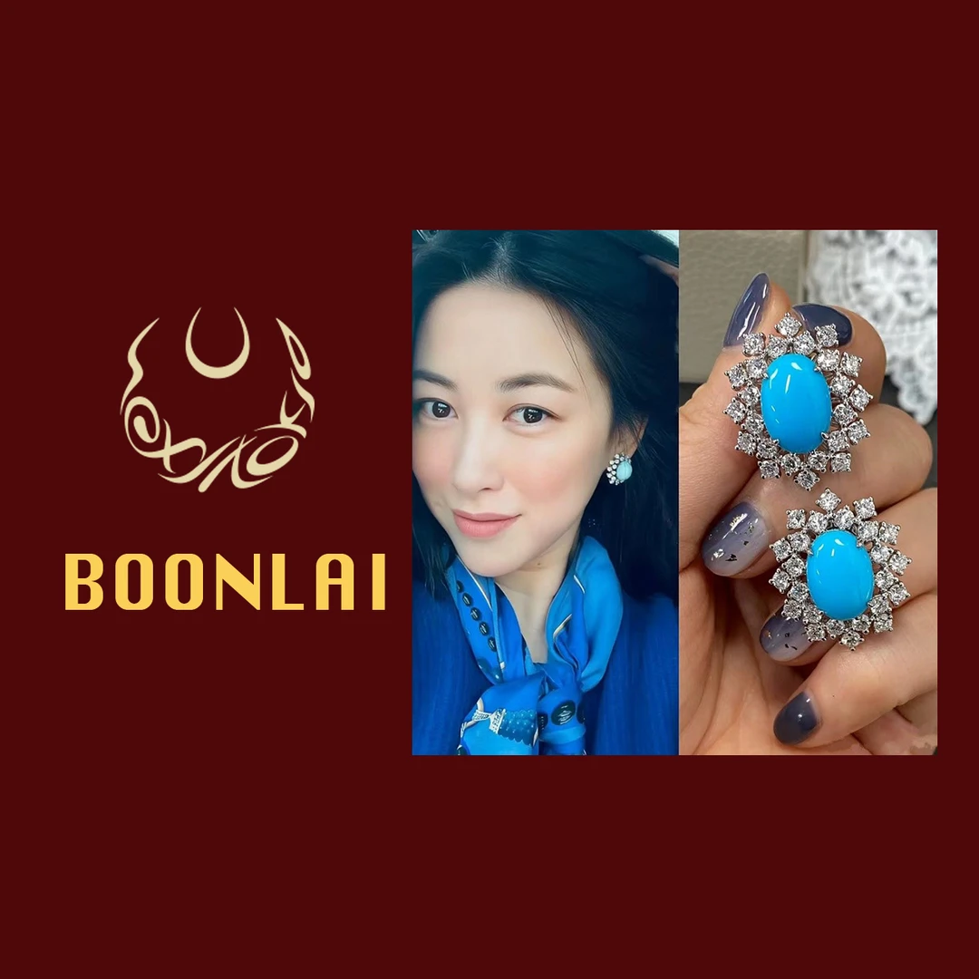 铜合金锆石耳饰  Boonlai  国风新中式蓝色椭圆镶钻耳环1316