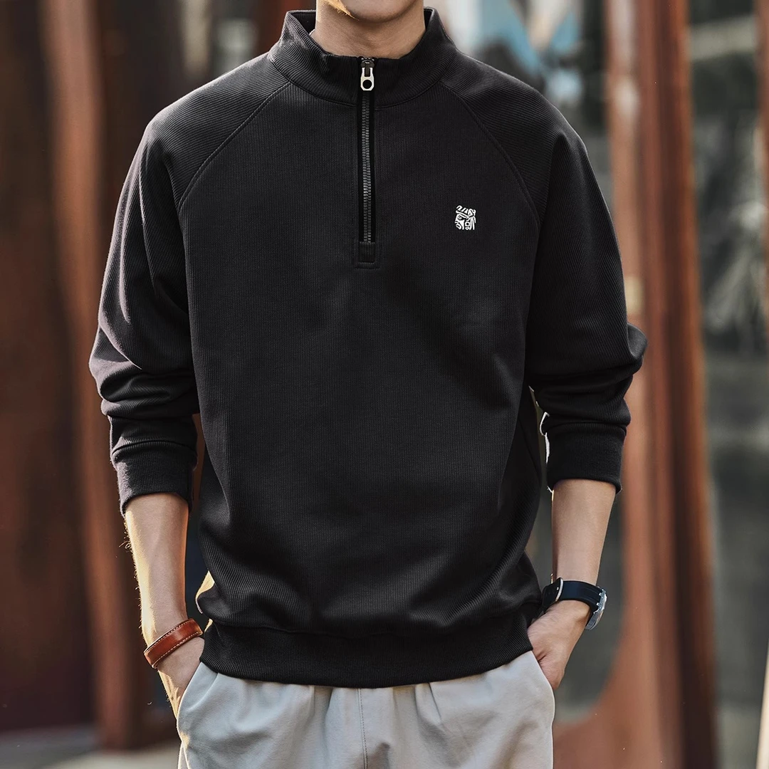 MR.MUDI/穆迪先生高级日系复古半拉链立POLO衫男秋冬加绒宽松长袖