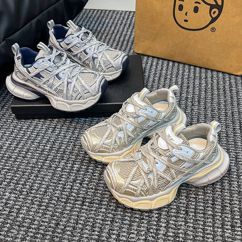 增高5.5CM真皮老爹鞋女2025秋新款蜘蛛绑带一脚蹬厚底休闲运动鞋