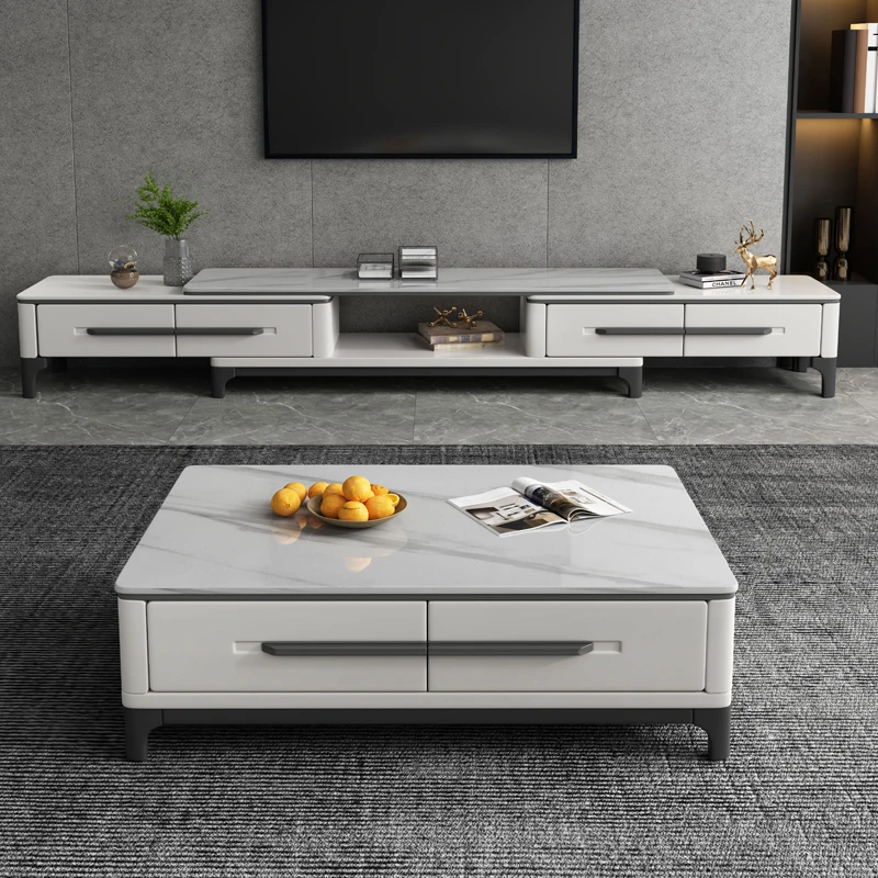现代意式极简岩板茶几电视柜组合小户型客厅茶几伸缩储物地柜家用