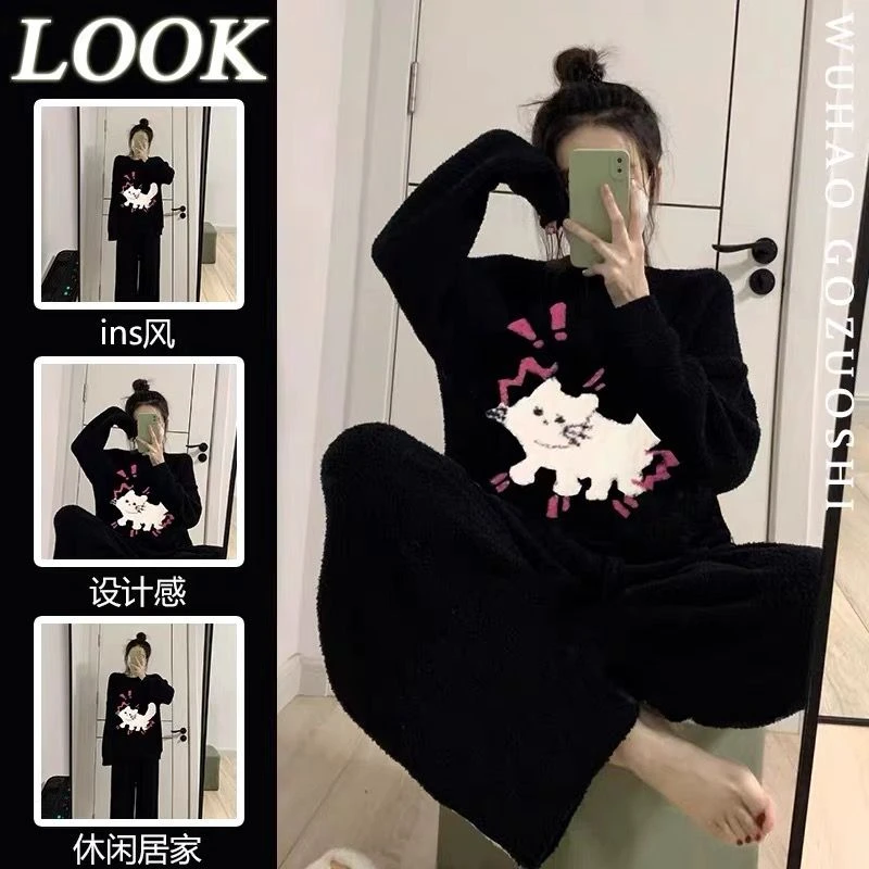 韩系ins冬季睡衣半边绒女加绒甜美通勤女生居家外穿家居服套装