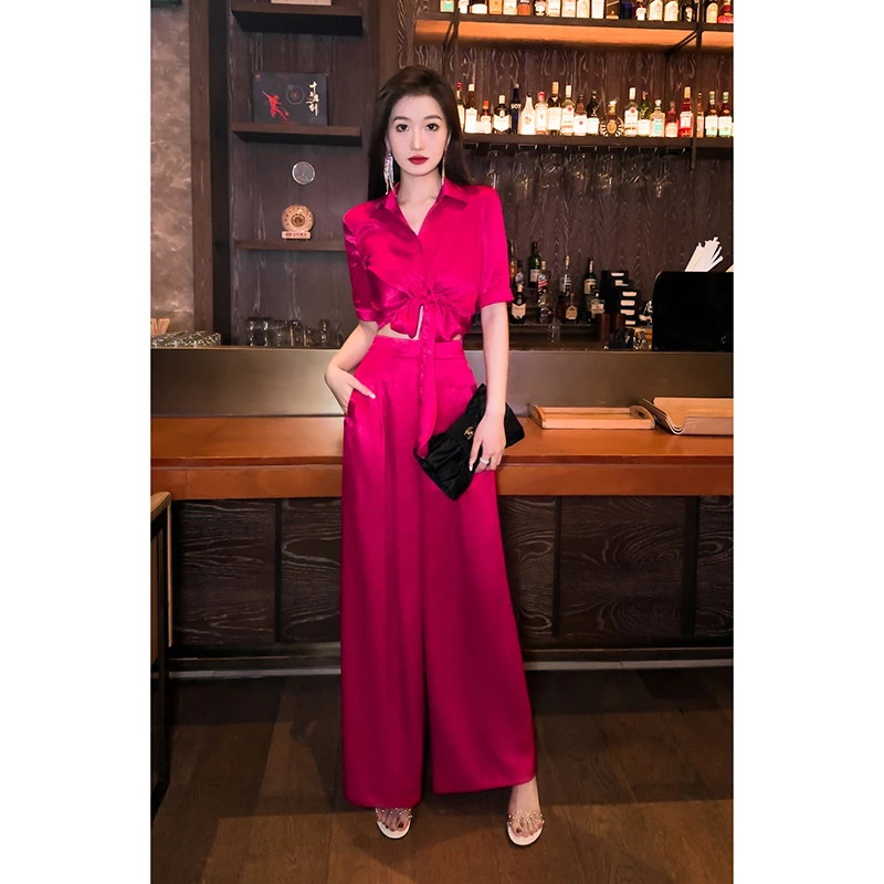 格润雅2025新款时尚套装气质短款绑带上衣显瘦垂感阔腿裤两件套