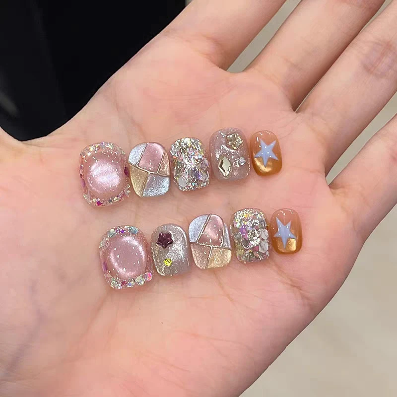 N【七巧板】手工穿戴甲美甲短款2025新款夏日可爱猫眼穿戴甲美甲