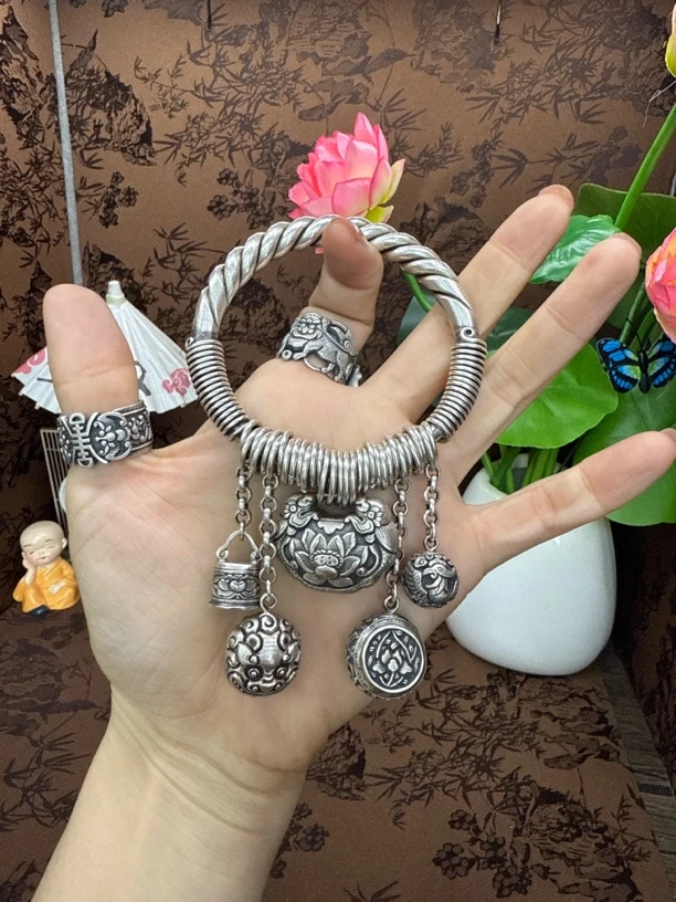 足银手镯 小郑家纯银手工簪刻手镯