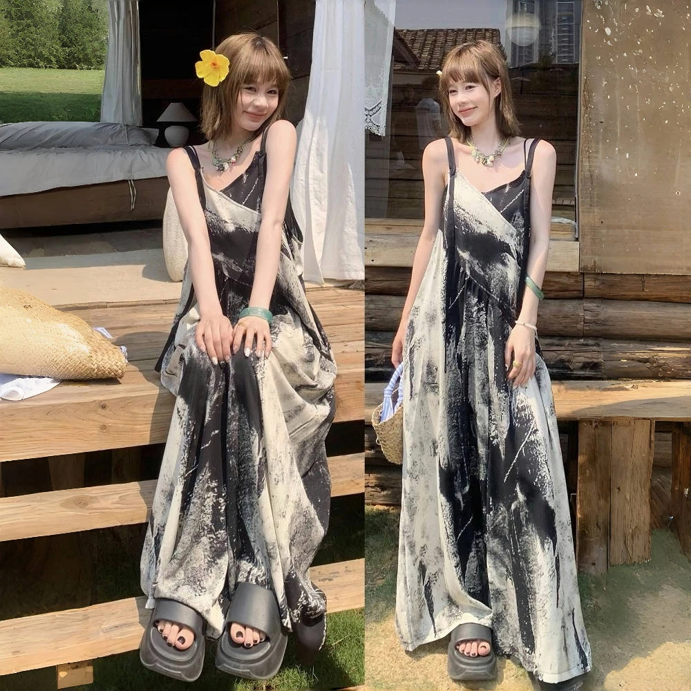 宽松休闲慵懒风oversize吊带连体裤女夏时髦复古水墨画背带阔腿裤