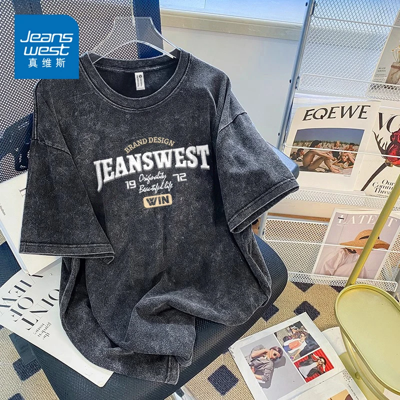 真维斯重磅水洗美式复古短袖T恤男女2025夏季宽松做旧半袖上衣潮