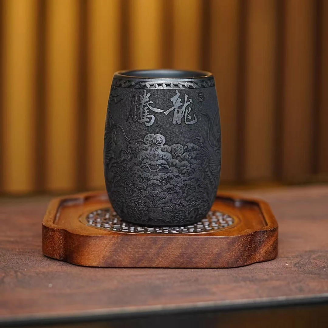 宜兴原矿紫砂石黄全手工刻绘龙腾主人杯高端品茗杯
