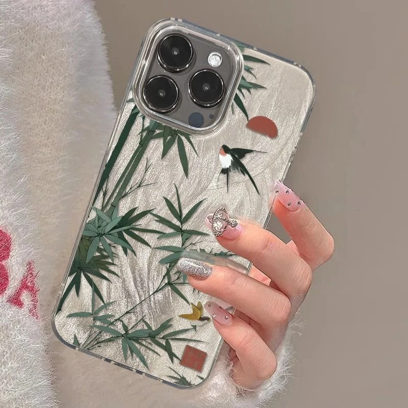 竹子喜鹊适用苹果16Promax手机壳iPhone15竹子蝴蝶华为