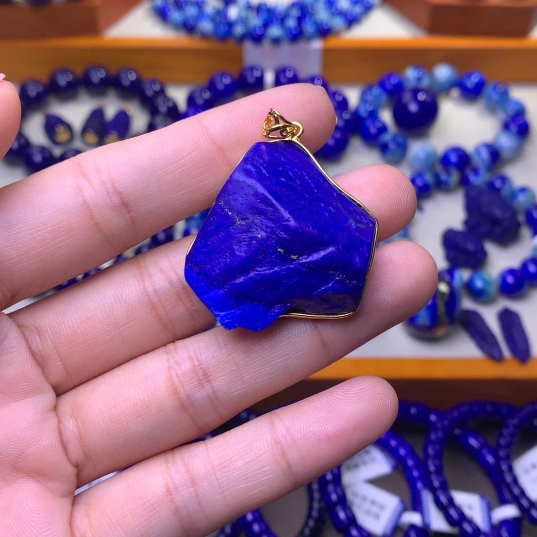 青金石银S925镶嵌原石吊坠