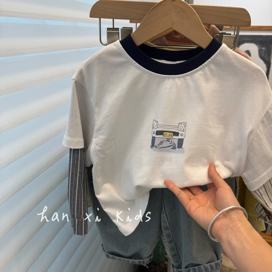 日系百搭！韩国男女童卡通印花假两件打底衫儿童条纹长袖T恤2025春