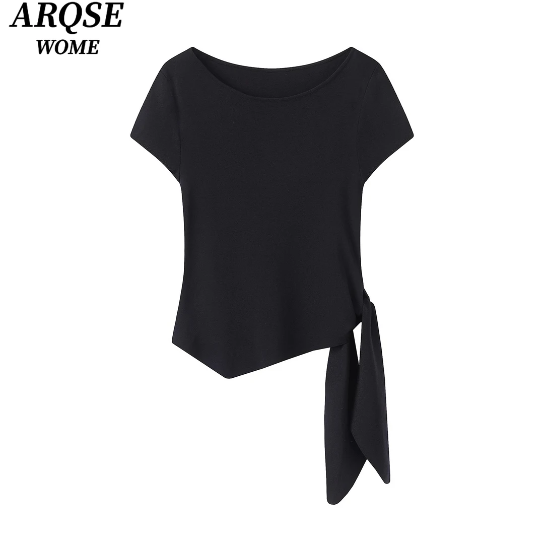 【艾家新款】2025秋季新品款百搭圆领不规则绑带短袖T恤上衣女3112