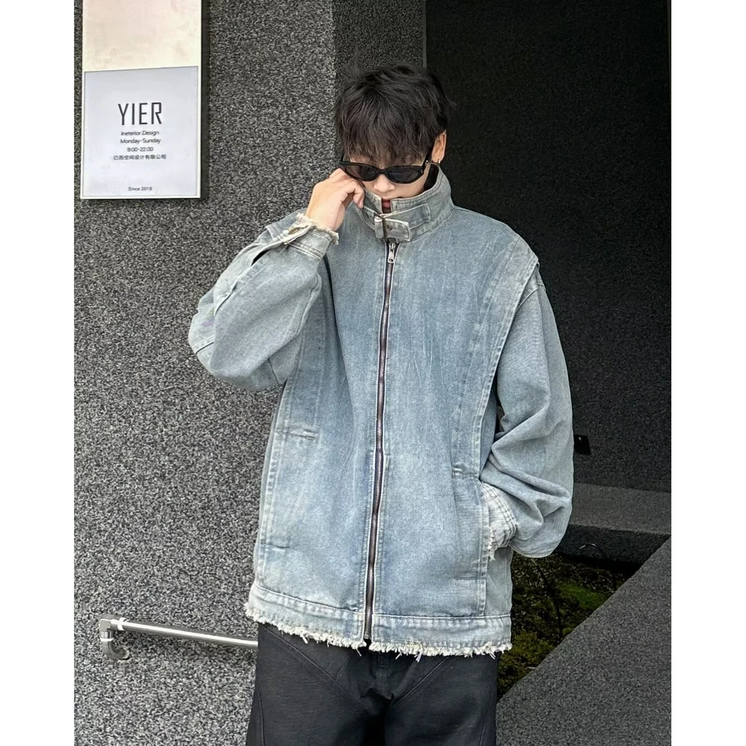 8号 蓝色弯刀弧形设计感毛边立领牛仔外套男女款