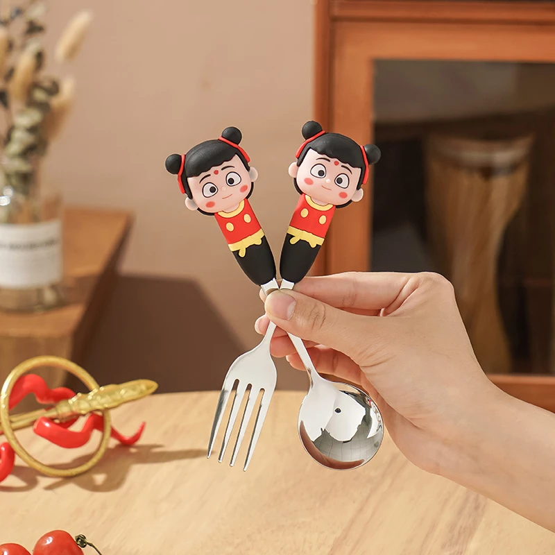 哪吒叉勺家用304不锈钢勺可爱调羹小汤勺叉子卡通儿童吃饭专用勺