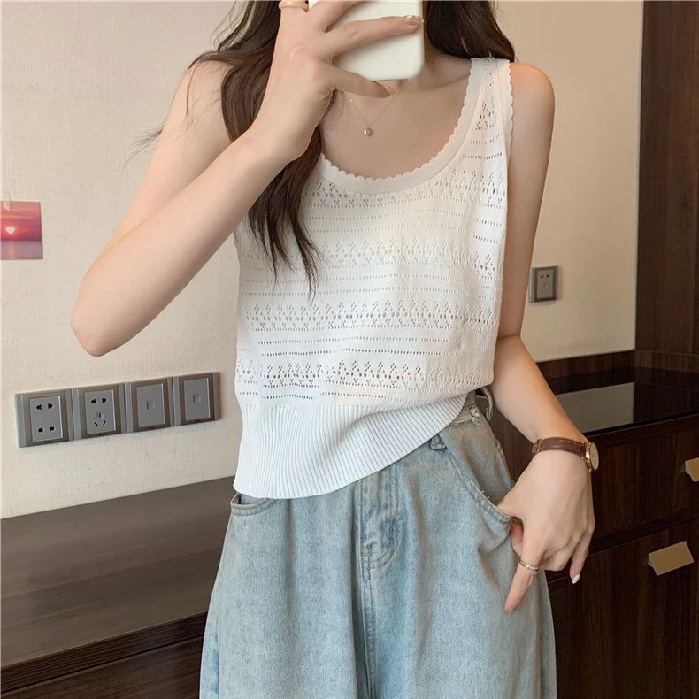 法式慵懒风镂空针织吊带背心女无袖上衣夏季薄款冰丝百搭外穿坎肩