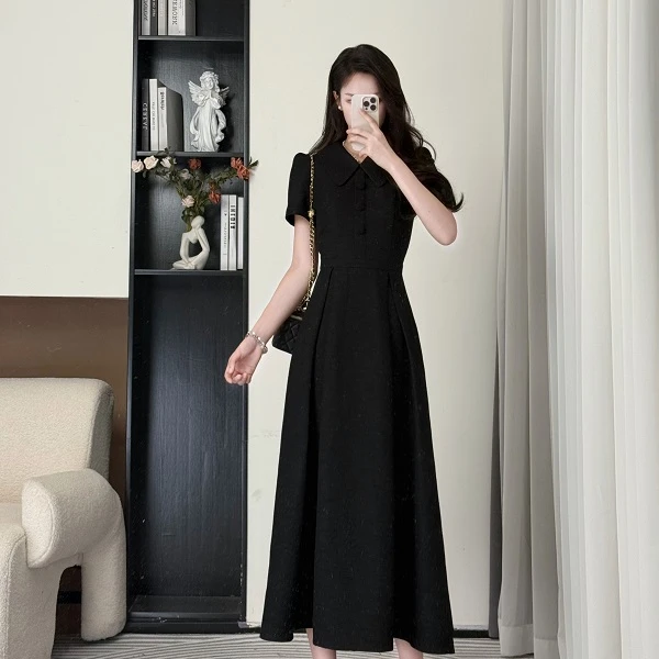 拉夏贝尔25夏新复古极简风雅致优雅百搭显瘦短袖连衣裙 10467 LSC