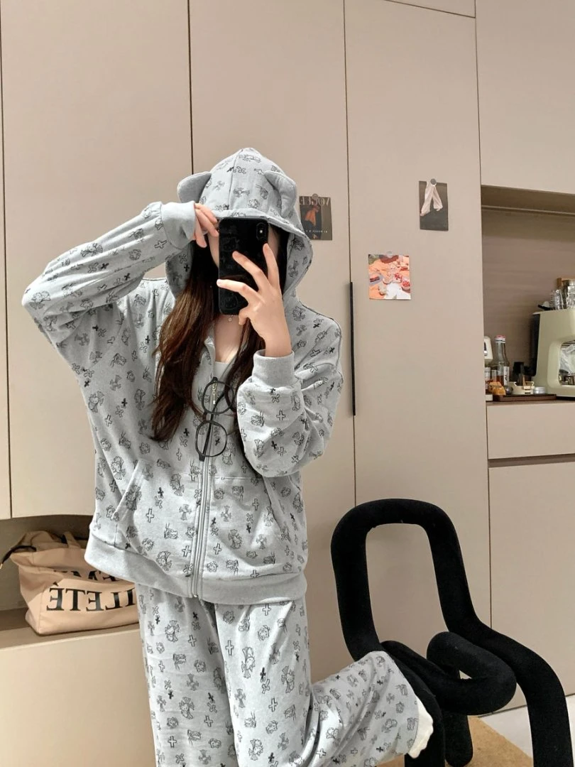 睡衣女秋冬季新款德绒加厚保暖开杉拉链连帽休闲家居服可外出套装