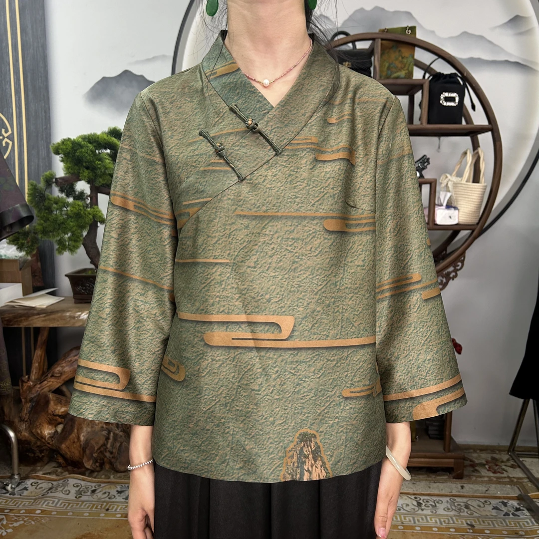 60姆米绿色千里江山上衣100桑蚕丝香云纱