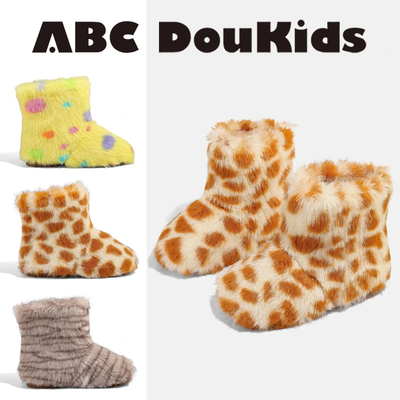ABC Doukids女童靴子2025冬季新款百搭韩版毛毛靴加绒软底单靴