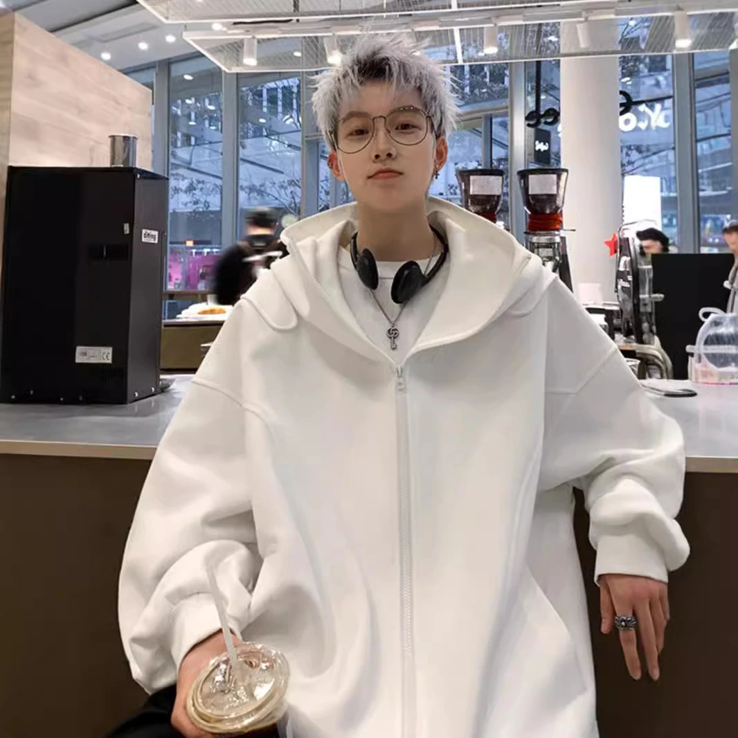 新款休闲高级感外套开衫卫衣宽松美式痞帅纯色春秋2024连帽衫男款