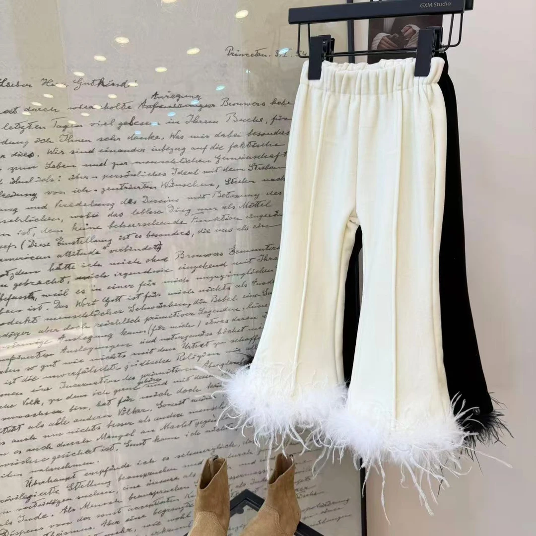 X.M气场担当！女童高级精致“鸵鸟毛”丝绒加绒喇叭裤