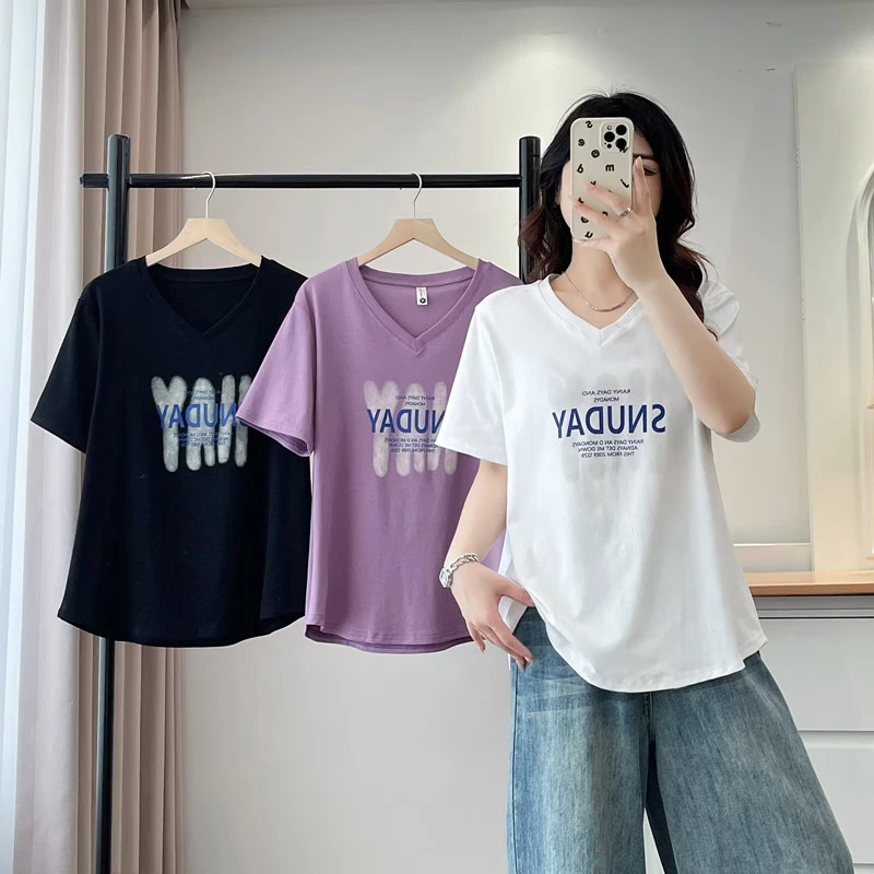 大码女装胖mm韩版显瘦V领正肩短袖T恤夏休闲百搭宽松印花半袖上衣