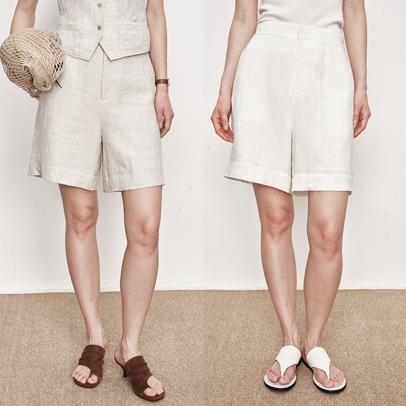 UMILAB｜白茶*静奢亚麻系列 100%水洗亚麻 极简半松紧短裤P1270W