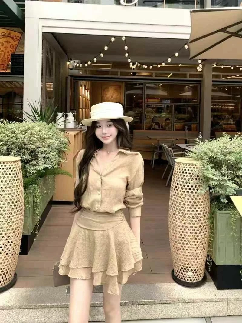 卡其色复古气质v领长袖衬衫女夏季休闲套装高腰a字裙半身裙两件套