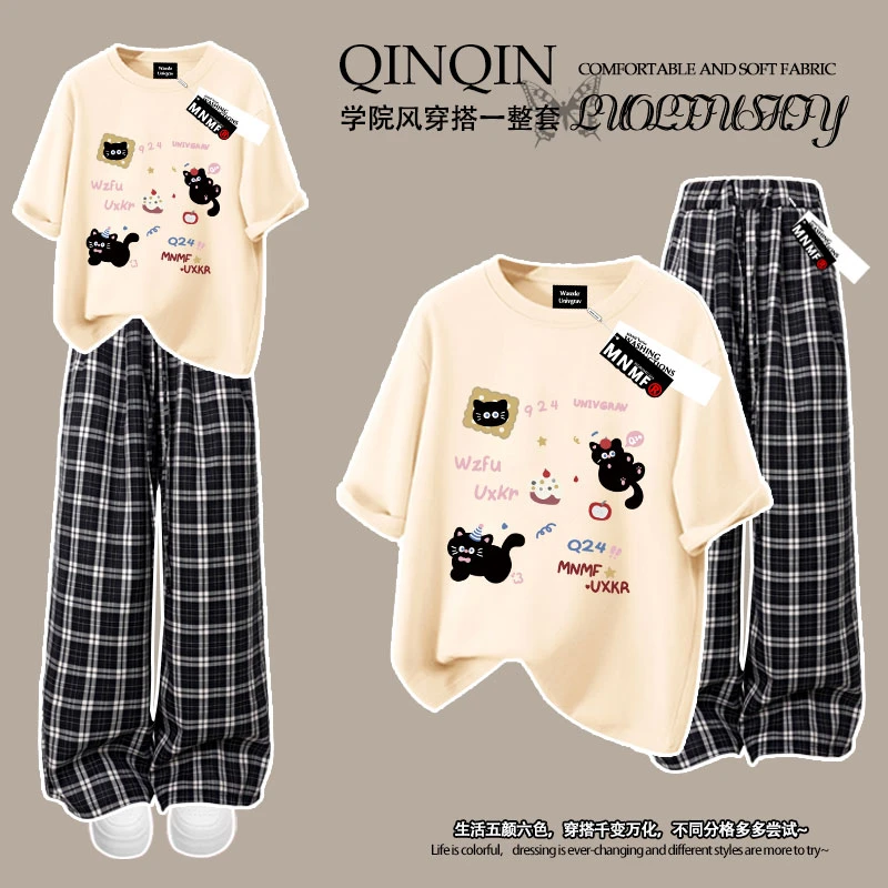 潮牌设计感韩版小狗印花夏季男女童套装纯棉短袖T恤格子裤学院风
